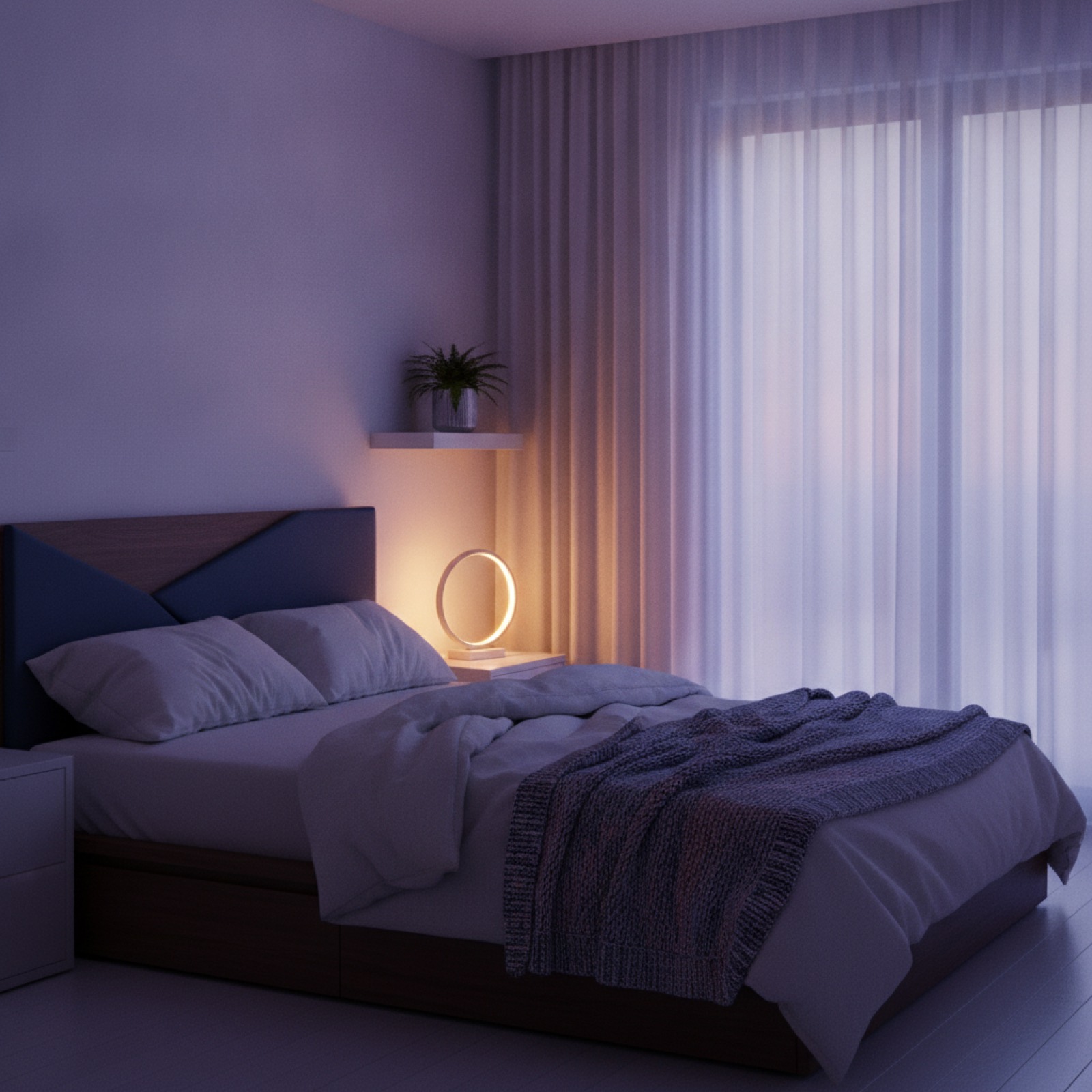 Chambre au lever du soleil, lumière chaude
